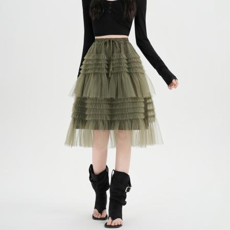 FA54681# 木耳边拼接蓬蓬网纱半身裙女春季高腰a字中长款蛋糕裙潮  服裝批發女裝批發服飾貨源