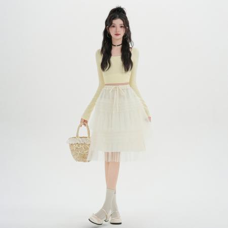 FA54681# 木耳边拼接蓬蓬网纱半身裙女春季高腰a字中长款蛋糕裙潮  服裝批發女裝批發服飾貨源