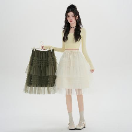 FA54681# 木耳边拼接蓬蓬网纱半身裙女春季高腰a字中长款蛋糕裙潮  服裝批發女裝批發服飾貨源