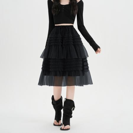 FA54681# 木耳边拼接蓬蓬网纱半身裙女春季高腰a字中长款蛋糕裙潮  服裝批發女裝批發服飾貨源