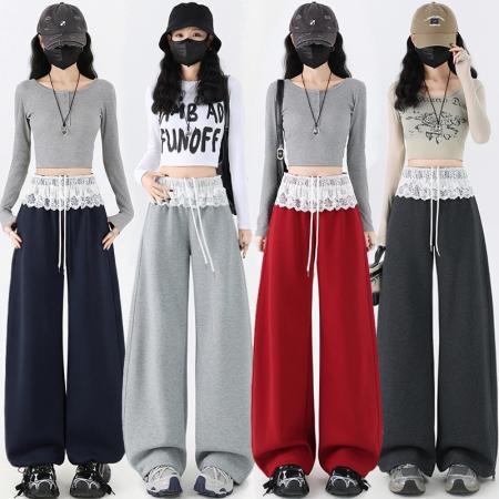 FA54682# 春季现款抽绳拼接蕾丝腰围休闲裤女宽松显瘦弯刀阔腿直筒裤  服裝批發女裝批發服飾貨源