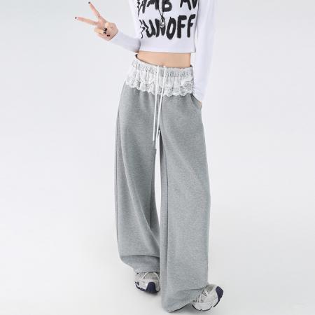 FA54682# 春季现款抽绳拼接蕾丝腰围休闲裤女宽松显瘦弯刀阔腿直筒裤  服裝批發女裝批發服飾貨源