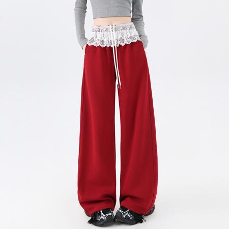 FA54682# 春季现款抽绳拼接蕾丝腰围休闲裤女宽松显瘦弯刀阔腿直筒裤  服裝批發女裝批發服飾貨源