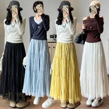 FA54683# 新款法式飘逸大摆重工褶皱肌理感网纱半身裙女a字荷叶裙摆蛋糕裙  服裝批發女裝批發服飾貨源