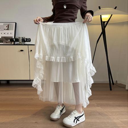 FA54683# 新款法式飘逸大摆重工褶皱肌理感网纱半身裙女a字荷叶裙摆蛋糕裙  服裝批發女裝批發服飾貨源