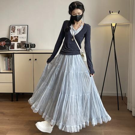 FA54683# 新款法式飘逸大摆重工褶皱肌理感网纱半身裙女a字荷叶裙摆蛋糕裙  服裝批發女裝批發服飾貨源