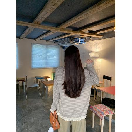 FA54684# 仿羊绒长袖t恤打底衫女装薄款蕾丝花边春秋圆领上衣  服裝批發女裝批發服飾貨源