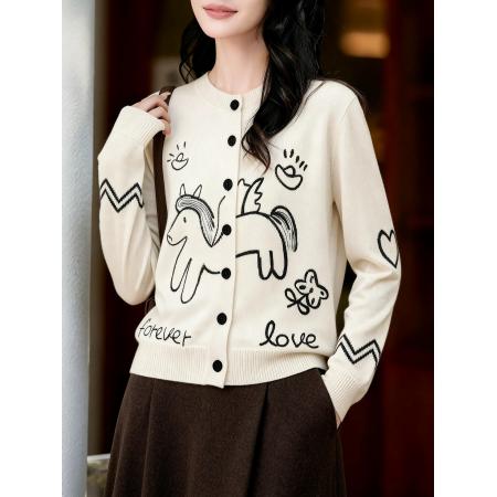 FA54686# 马上来财绵羊毛兔毛毛衣童趣提花刺绣宽松圆领针织开衫  服裝批發女裝批發服飾貨源