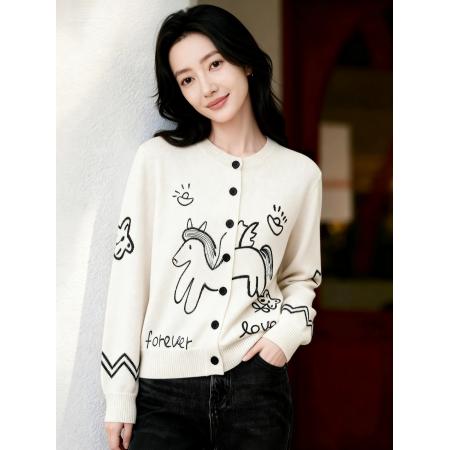 FA54686# 马上来财绵羊毛兔毛毛衣童趣提花刺绣宽松圆领针织开衫  服裝批發女裝批發服飾貨源