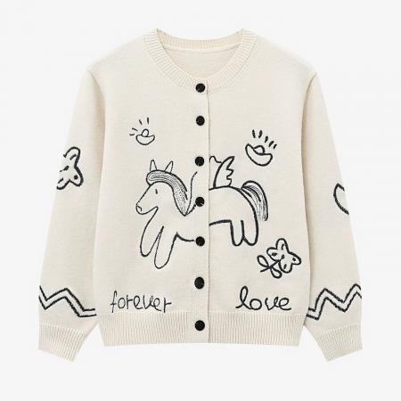 FA54686# 马上来财绵羊毛兔毛毛衣童趣提花刺绣宽松圆领针织开衫  服裝批發女裝批發服飾貨源