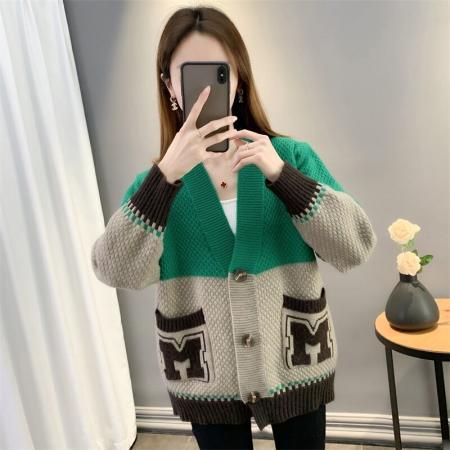 FA54687# 秋冬针织开衫女外套新款简约百搭宽松显瘦拼色字母提花针织衫  服裝批發女裝批發服飾貨源