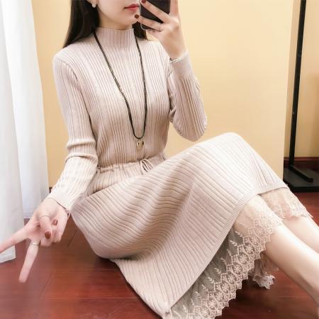 FA54689# 秋季新款针织连衣裙女半高领春装毛衣纯色系带蕾丝长裙过膝打底衫  服裝批發女裝批發服飾貨源