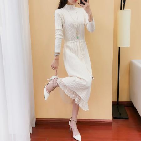 FA54689# 秋季新款针织连衣裙女半高领春装毛衣纯色系带蕾丝长裙过膝打底衫  服裝批發女裝批發服飾貨源