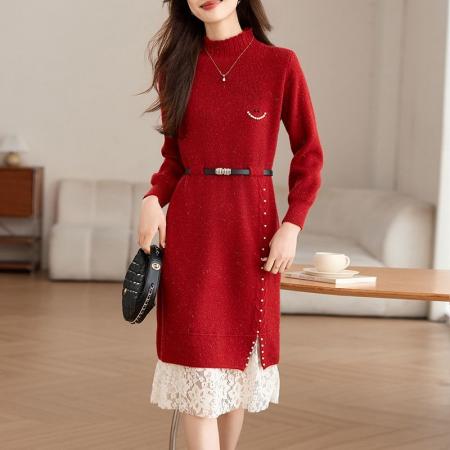 FA54690# 新款秋冬蕾丝网纱拼接针织连衣裙女洋气减龄遮肉显瘦连衣裙女  服裝批發女裝批發服飾貨源