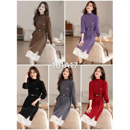 FA54690# 新款秋冬蕾丝网纱拼接针织连衣裙女洋气减龄遮肉显瘦连衣裙女  服裝批發女裝批發服飾貨源