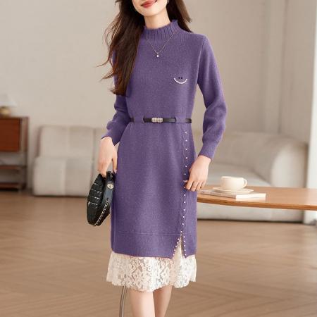 FA54690# 新款秋冬蕾丝网纱拼接针织连衣裙女洋气减龄遮肉显瘦连衣裙女  服裝批發女裝批發服飾貨源