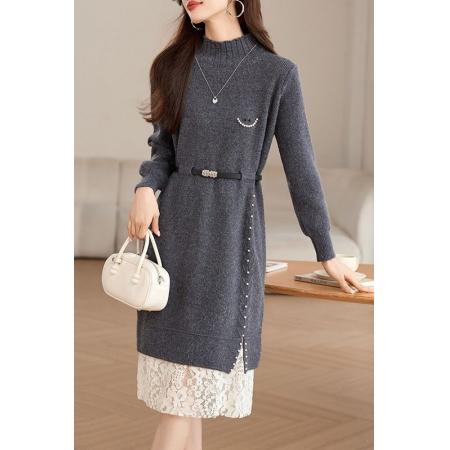 FA54690# 新款秋冬蕾丝网纱拼接针织连衣裙女洋气减龄遮肉显瘦连衣裙女  服裝批發女裝批發服飾貨源