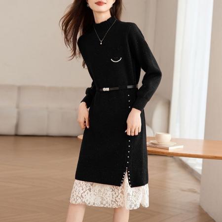 FA54690# 新款秋冬蕾丝网纱拼接针织连衣裙女洋气减龄遮肉显瘦连衣裙女  服裝批發女裝批發服飾貨源