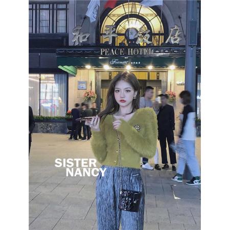 FA54691# 不掉色慵懒风百搭长袖羽毛纱毛衣秋冬女V领水貂绒短款  服裝批發女裝批發服飾貨源