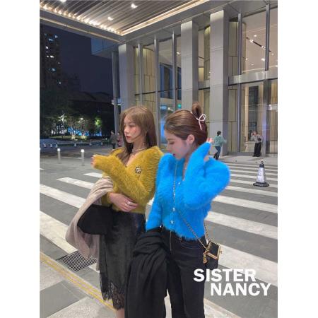 FA54691# 不掉色慵懒风百搭长袖羽毛纱毛衣秋冬女V领水貂绒短款  服裝批發女裝批發服飾貨源