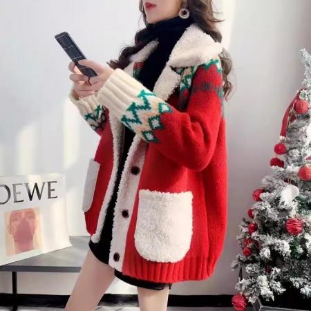 FA54692# 秋冬季加厚红色毛衣开衫女新款韩版宽松慵懒风网红针织外套  服裝批發女裝批發服飾貨源