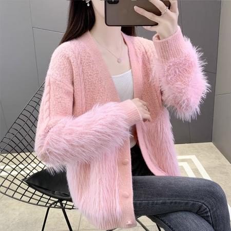 FA54693# 仿水貂绒开衫毛衣外套女春秋季加厚外穿慵懒风马海毛针织皮草拼接  服裝批發女裝批發服飾貨源