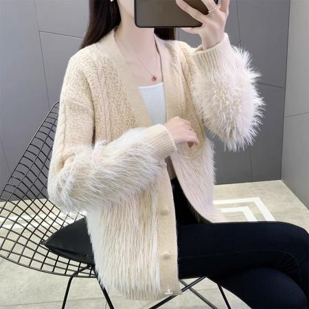 FA54693# 仿水貂绒开衫毛衣外套女春秋季加厚外穿慵懒风马海毛针织皮草拼接  服裝批發女裝批發服飾貨源