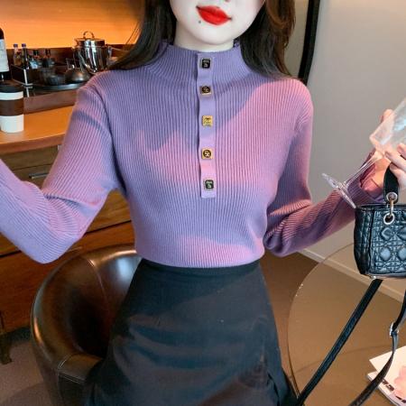 FA54694# 新款荷叶边拼接毛衣秋冬新款修身百搭半高领针织衫打底衫  服裝批發女裝批發服飾貨源