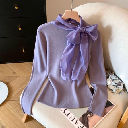 FA54695# 系带蝴蝶结针织打底衫女秋冬季新款修身显瘦外穿内搭上衣  服裝批發女裝批發服飾貨源