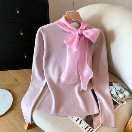 FA54695# 系带蝴蝶结针织打底衫女秋冬季新款修身显瘦外穿内搭上衣  服裝批發女裝批發服飾貨源