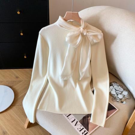 FA54695# 系带蝴蝶结针织打底衫女秋冬季新款修身显瘦外穿内搭上衣  服裝批發女裝批發服飾貨源