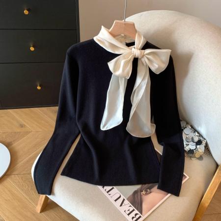 FA54695# 系带蝴蝶结针织打底衫女秋冬季新款修身显瘦外穿内搭上衣  服裝批發女裝批發服飾貨源