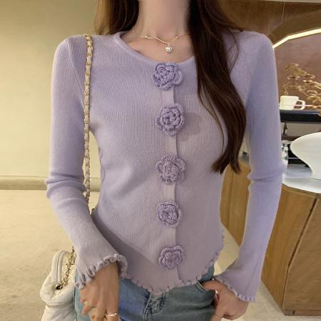 FA54696# 温柔风甜美立体花朵长袖女秋冬季新款修身显瘦打底针织衫  服裝批發女裝批發服飾貨源