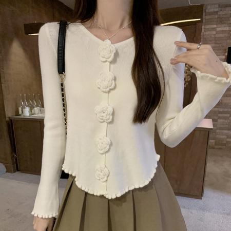 FA54696# 温柔风甜美立体花朵长袖女秋冬季新款修身显瘦打底针织衫  服裝批發女裝批發服飾貨源