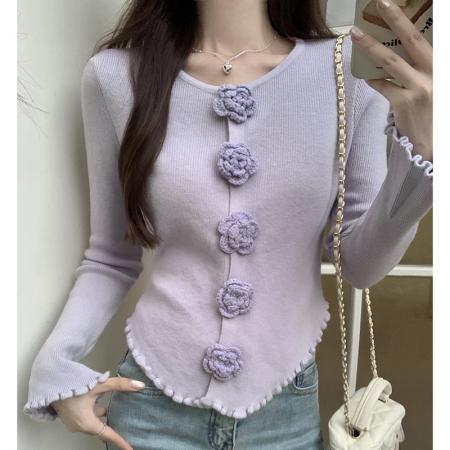 FA54696# 温柔风甜美立体花朵长袖女秋冬季新款修身显瘦打底针织衫  服裝批發女裝批發服飾貨源