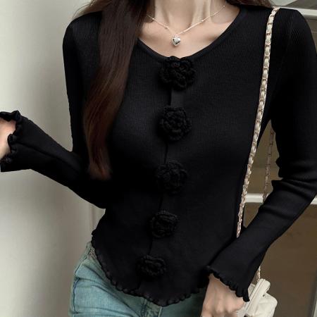 FA54696# 温柔风甜美立体花朵长袖女秋冬季新款修身显瘦打底针织衫  服裝批發女裝批發服飾貨源