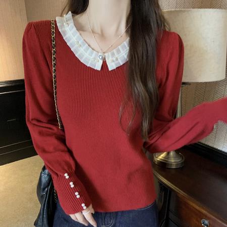 FA54697# 秋冬韩版修身纯欲蕾丝拼接内搭安迪绒针织打底毛衣  服裝批發女裝批發服飾貨源