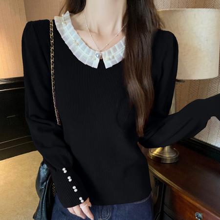 FA54697# 秋冬韩版修身纯欲蕾丝拼接内搭安迪绒针织打底毛衣  服裝批發女裝批發服飾貨源