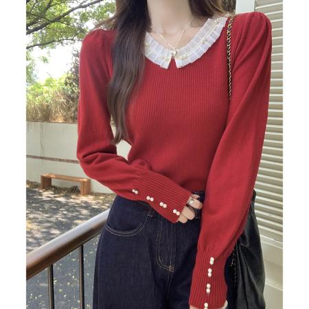 FA54697# 秋冬韩版修身纯欲蕾丝拼接内搭安迪绒针织打底毛衣  服裝批發女裝批發服飾貨源