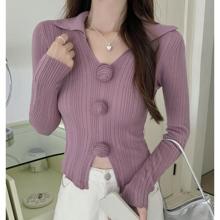 FA54698# 新款韩版设计感花朵修身针织衫小众纯欲百搭显瘦上衣  服裝批發女裝批發服飾貨源