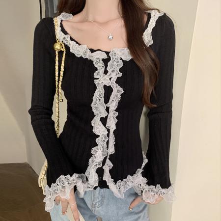 FA54699# 新款秋冬季韩版修身打底半高领蕾丝拼接针织打底上衣  服裝批發女裝批發服飾貨源