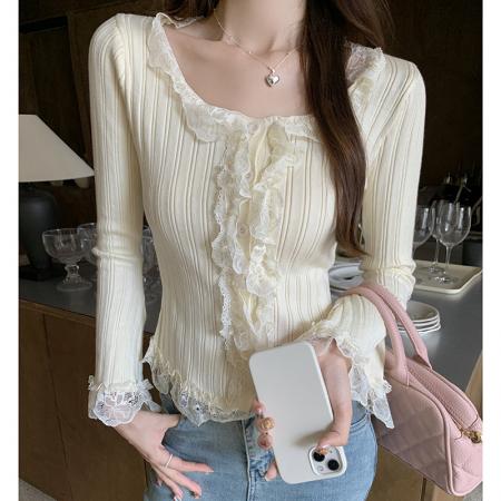 FA54699# 新款秋冬季韩版修身打底半高领蕾丝拼接针织打底上衣  服裝批發女裝批發服飾貨源