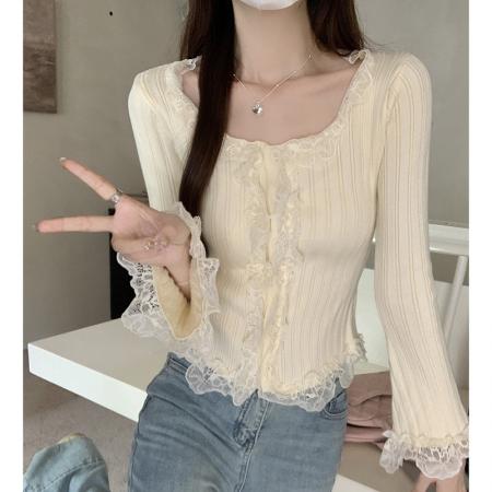 FA54699# 新款秋冬季韩版修身打底半高领蕾丝拼接针织打底上衣  服裝批發女裝批發服飾貨源