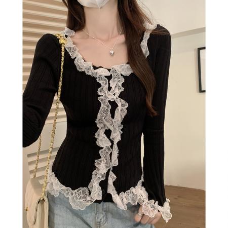 FA54699# 新款秋冬季韩版修身打底半高领蕾丝拼接针织打底上衣  服裝批發女裝批發服飾貨源