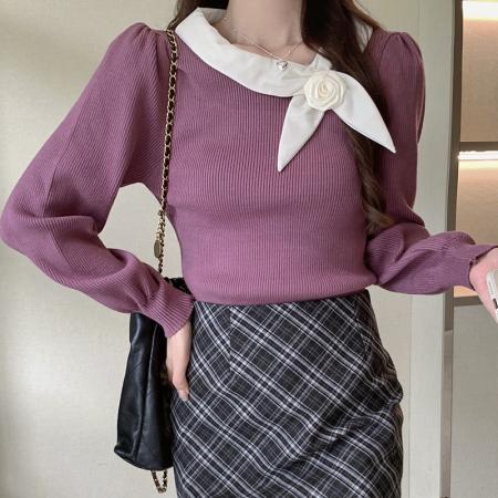 FA54701# 冬季新款上衣女设计感小众修身蝴蝶结长袖针织衫上衣  服裝批發女裝批發服飾貨源