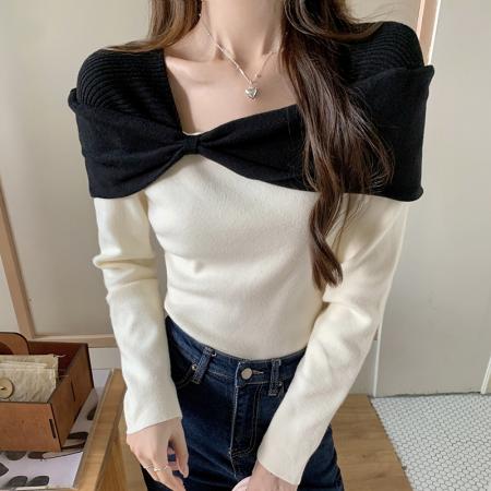 FA54702# 设计感一字肩打底女秋冬新款长袖针织衫修身百搭洋气上衣  服裝批發女裝批發服飾貨源