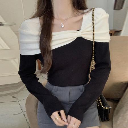 FA54702# 设计感一字肩打底女秋冬新款长袖针织衫修身百搭洋气上衣  服裝批發女裝批發服飾貨源