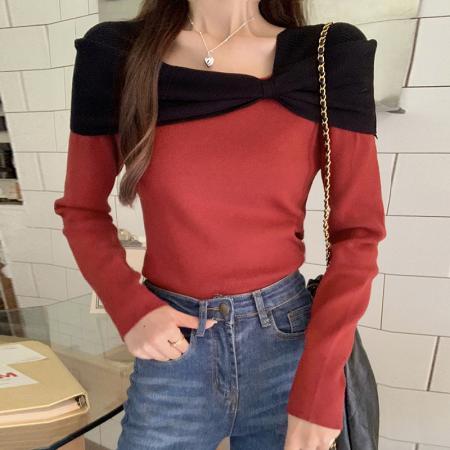 FA54702# 设计感一字肩打底女秋冬新款长袖针织衫修身百搭洋气上衣  服裝批發女裝批發服飾貨源
