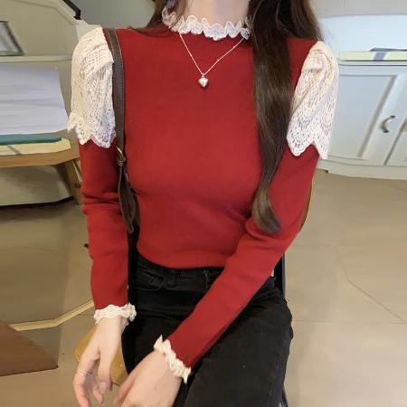 FA54703# 法式泡泡袖钩花上衣女秋冬氛围时尚套头半高领内搭打底衫  服裝批發女裝批發服飾貨源