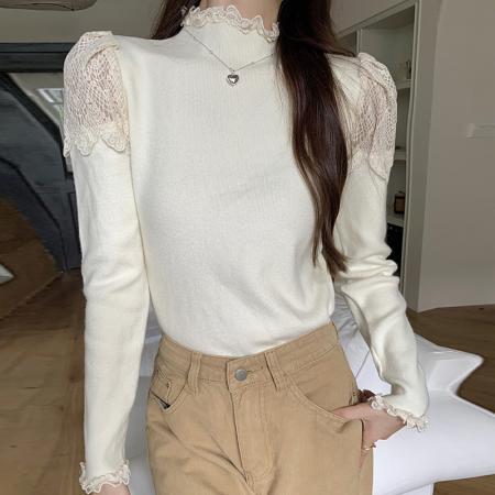 FA54703# 法式泡泡袖钩花上衣女秋冬氛围时尚套头半高领内搭打底衫  服裝批發女裝批發服飾貨源